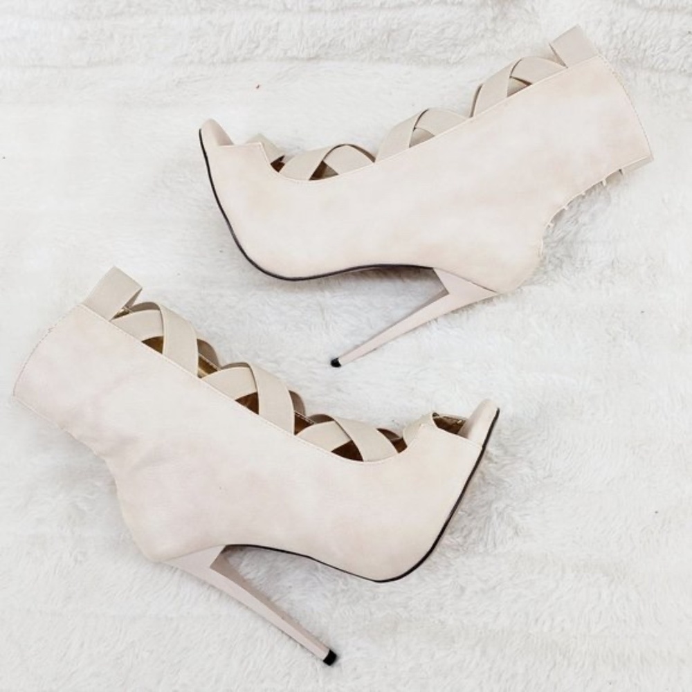 * Mona Mia Nude Peep Toe Wide Elastic Straps 4 3/4" Stiletto Heel Ankle Boots - Picture 6 of 9
